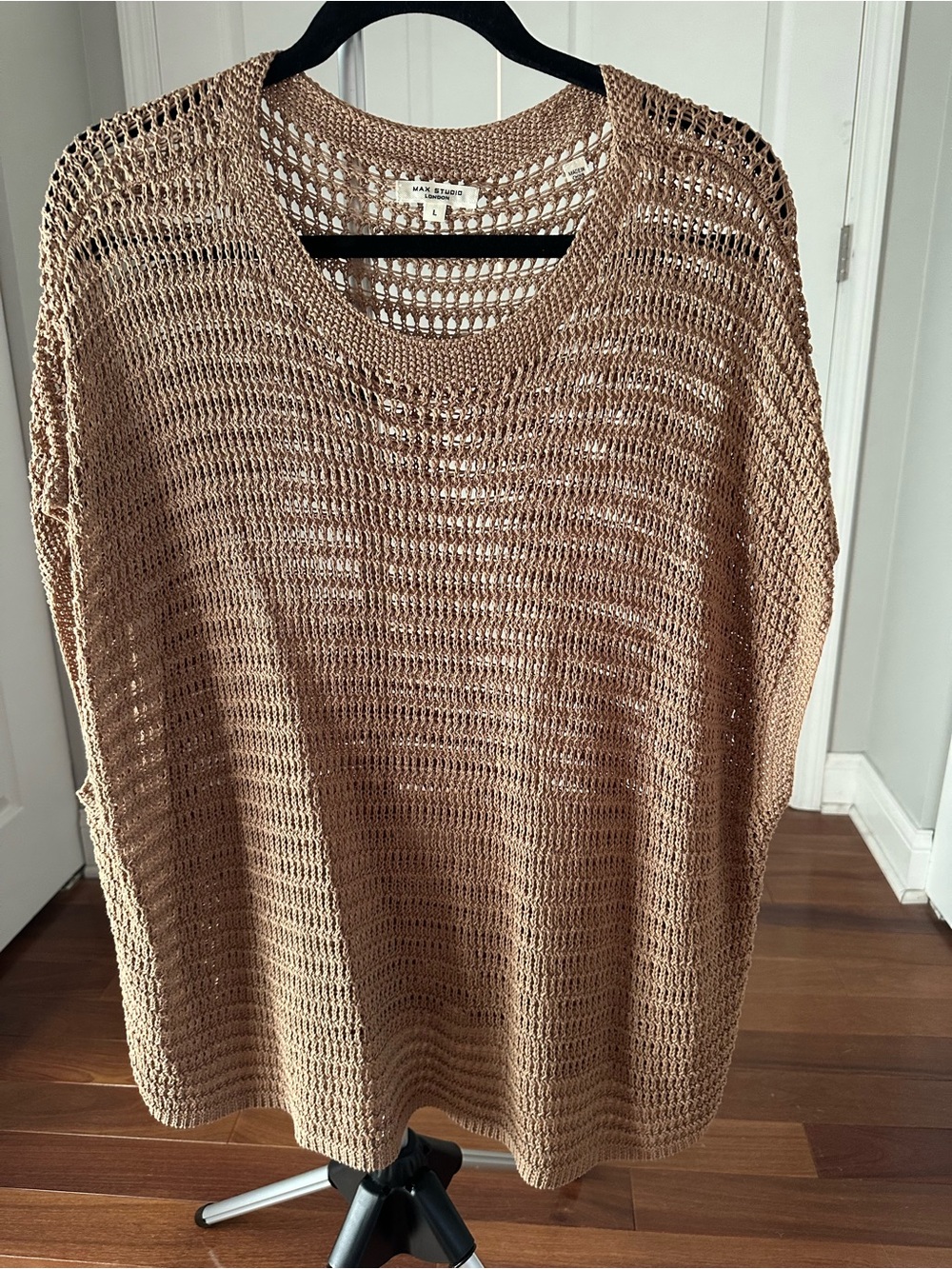 Max Studio Open-Knit Scoop Neck Sweater in Tan